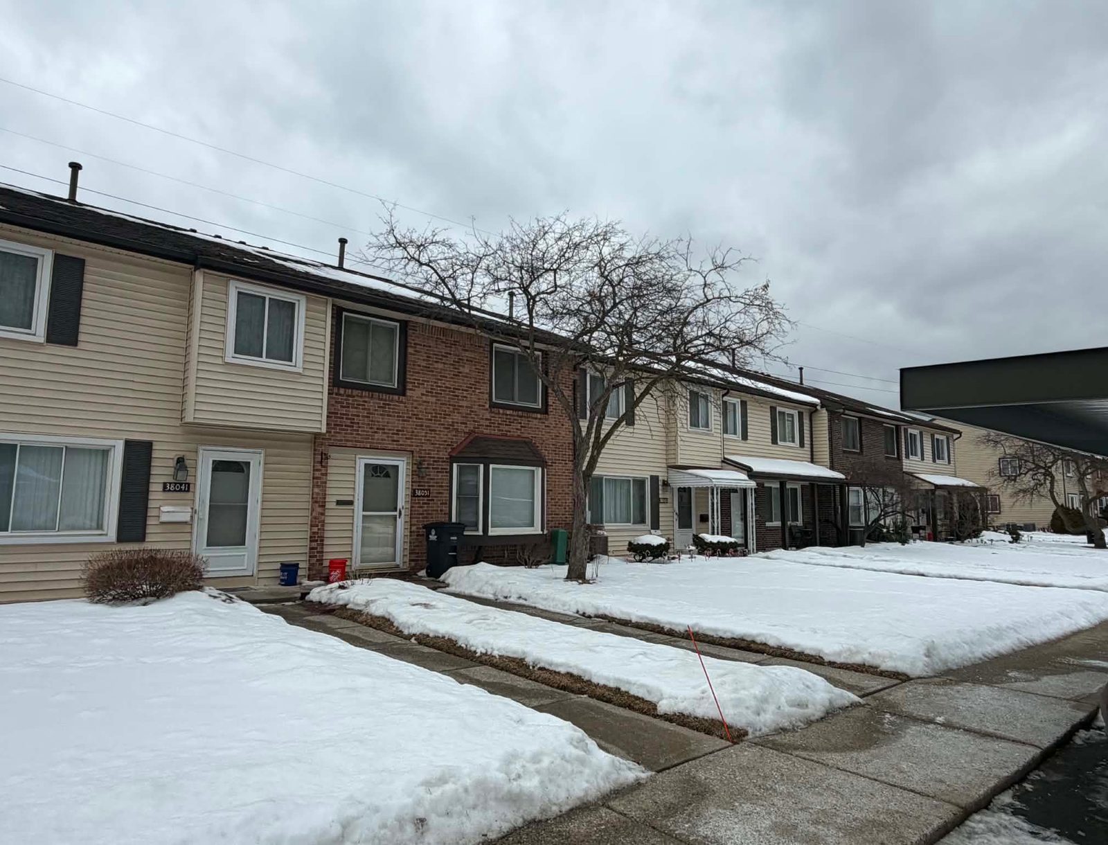 Snow-covered homes on a Michigan winter morning